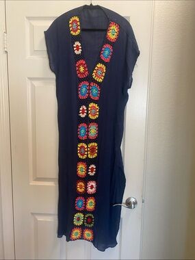 Colorful flower dark blue long maxi dress